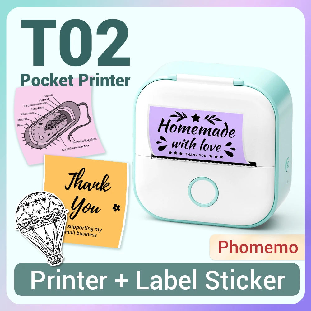 T02 Label Maker Sticker Printer Machine Inkless Portable Study Printer for Receipts Pictures Journals Mini Printer