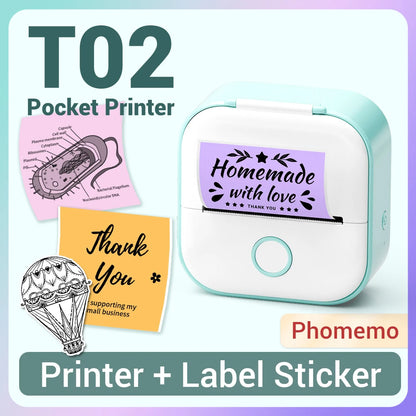 T02 Label Maker Sticker Printer Machine Inkless Portable Study Printer for Receipts Pictures Journals Mini Printer