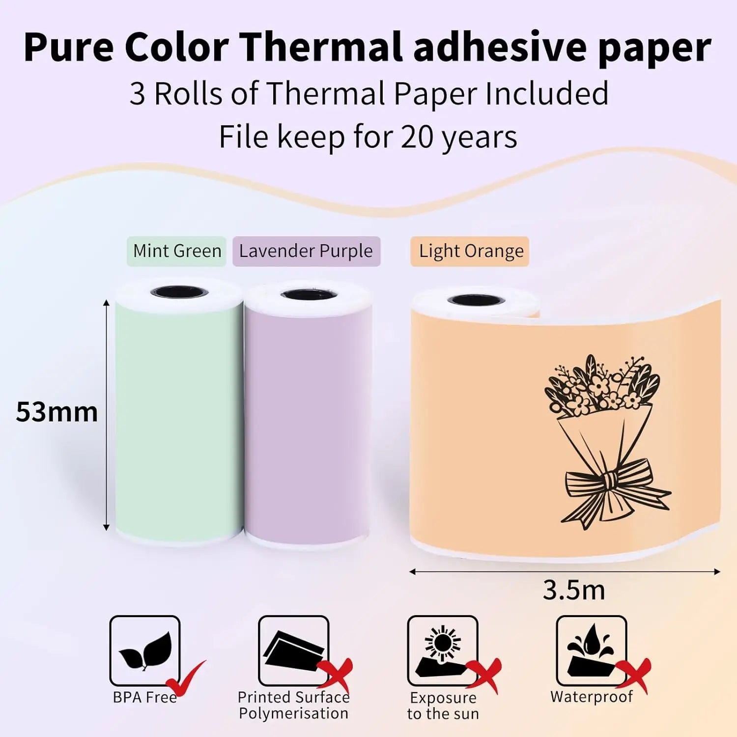 T02/M02X Colorful Thermal Sticker Paper Roll Self-Adhesive Black Character on Mint Green/Purple/Orange,50Mm X 3.5M